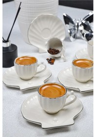 Resim Elta Collection 6 Kişilik Porselen Türk Kahve Fincan Takımı İstiridye Desenli Tabak Gerçek Gümüş Yaldızlı Gümüş 
