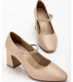 Resim Kadın Stiletto Topuklu Ayakkabı Bej Suni Deri Baret Taşlı Kalın Topuklu-4173 Bej 