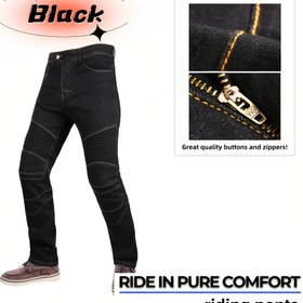 Resim Siyah Motosiklet Sürme Kot Pantolon - Esnek Denim Düz Bacaklı Pantolon Altın Fermuar ve Düğme Kapatma, Güçlendirilmiş Dikiş, Makinede Yıkanabilir, Konfor ve Stil için, Motosiklet Sürme Kıyafeti, Şık Motosiklet Pantolonu, Dayanıklı Kumaş Pantolon 
