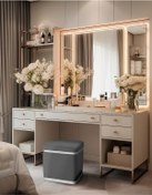 Resim Zengo Silver Twin Line Kare Puf -gri Kumaş, Dekoratif Makyaj Masası Pufu-modern Style 