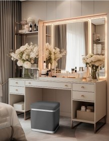 Resim Zengo Silver Twin Line Kare Puf -gri Kumaş, Dekoratif Makyaj Masası Pufu-modern Style 