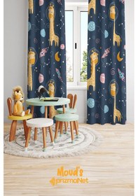 Resim Uzaylı Zürafa Desenli Baskılı Çocuk Ve Bebek Odası Fon Perdesi 2 Kanat - Prd-17 Çok Renkli 