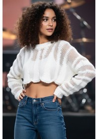 Resim Fashion Cocktail Puffy File Örgü Yünlü Örme Transparan Mini Kısa Göbek Açık Bolero Tarzı Kombin Kazak Crop Ekru 