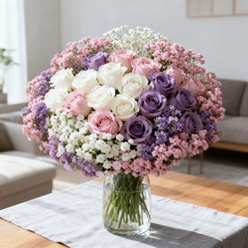 Resim 36 Parça Zarif Yapay Çiçek Buketi Seti - 10 Beyaz, 10 Mor ve 10 Pembe Gelincik, Her Renkten 2 Adet Gül içeren Rengarenk Şık Düzenleme. Mükemmel Evlilik Süslemeleri, İç & Açık Alan Ofisler Sevgililer Günü Noel Anneler Günü İçin 