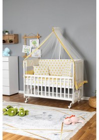 Resim Ahşap Beşik Anne Yanı Beşik Beyaz 60x120 - Sarı Yıldız 1 Yastıklı Uyku Seti + Yataklı + Tekerlekli Beyaz 