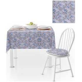 Resim Gül Desenli Mavi Sütlü Kahve Kadife Dokulu 180x260 Masa Örtüsü 