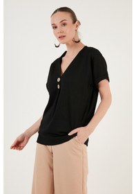Resim Lela Düğme Detaylı V Yaka Bayan Bluz 5865567 Siyah 