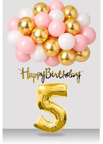 Resim 5 Yaş Retro Gold Pembe Beyaz Balon Happy Birthday Banner Gold Rakam Doğum Günü Süsü Çok Renkli 