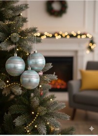 Resim 3 Adet Yılbaşı Ağacı Top Süsü 8 Cm - Simli Şeritli Açık Mavi Parlak Kaliteli Yılbaşı Dekorasyonu Seti Pvc Kutulu Set 