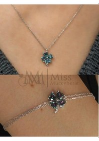 Resim Gümüş Kalp Mistik Topaz Taşlı Yonca Kolye Bileklik Set 