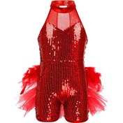 Resim Kırmızı Kızlar Payetler Caz Latin Bale Dans Kostümü Çocuklar Kolsuz Mock Boyun Leotard Tulum Giyim Kırmızı 