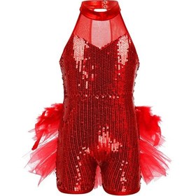 Resim Kırmızı Kızlar Payetler Caz Latin Bale Dans Kostümü Çocuklar Kolsuz Mock Boyun Leotard Tulum Giyim Kırmızı 