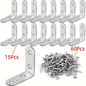 Resim 75 adet/Set 3.99x3.99cm Paslanmaz Çelik L Braket Köşe Destekleri, 90 Derece Dik Açı, 64 adet Vida ile, Ahşap Raflar, Sandalyeler, Masalar, Şifonyerler, Mobilya Montajı için, 304 Sınıf 