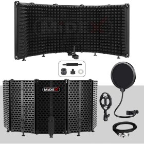 Resim Midex PF-43PS Mikrofon Ses Yalıtım Paneli 5 Bölümlü Ayaklı 69x26cm (Filtre Sünger Shock Mount Kablo Hediye) 