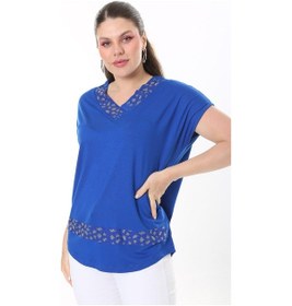 Resim Şans Kadın Büyük Beden Saks Taş Detaylı V Yakalı Kısa Kollu Bluz 65n37673-saks Saks 