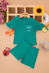 Resim Erkek Bebek Dar Kalıp Ribana Kumaş Cepli Surf Yazılı Şortlu Takım - Yeşil 25143 Yeşil 