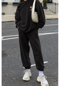 Resim We Are All Eşofman Takımı Sweatshirt Jogger - Baskılı Oversize Bisiklet Yaka Şardonlu Lastik Paça Siyah 