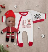 Resim BK Gift Kişiye Özel Yılbaşı Temalı Tulum Zıbın Kukuletalı Şapka ve Bebek Yastık Hediye Seti-1 