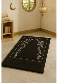 Resim Sahra Siyah Kadife Nakışlı Seccade Süngerli Yumuşak Çeyizlik Hediyelik Bohça Lüks Namazlık Siyah 