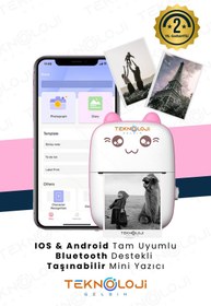 Resim Teknoloji Gelsin Mini Cep Yazıcı Taşınabilir Bluetooth Kablosuz Şarjlı 6 Rulo 3 Kalem Seti Hediye Pembe Yazıcı 