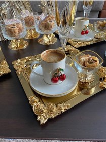 Resim Atabey Home Collection Tekli 1 Adet Kahve & Çay & Sunum Tepsisi Metal Döküm Kare Gold Tepsi Gül Model 