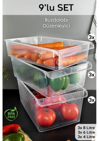 Resim 9'lu Buzdolabı Düzenleyici Set - Dolap İçi Organizer Sepet Meyve Sebze Saklama Kabı 3x 4-6-8 Lt Şeffaf 