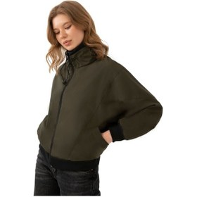 Resim Firststops Kadın Haki Dik Yaka Su Ve Rüzgar Geçirmez Oversize Crop Mevsimlik Yağmurluk Rüzgarlık Haki 