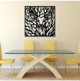 Resim Tasarım Ahşap Geyik Desenli Duvar Dekoru Siyah 50 x 70 