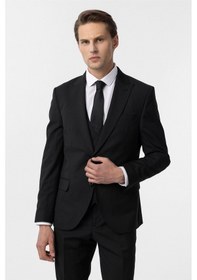 Resim Süvari Siyah Slim Fit Düz Sivri Yaka 6 Drop Yelekli Klasik Takım Elbise 