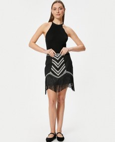Resim Koton Püsküllü Keten Mini Etek Desenli Şerit Detaylı Siyah 4sak70205ew Siyah 