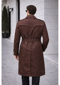 Resim Erkek Modern Kalıp Trençkot - Kemerli, Çift Düğmeli, Zamansız Tasarım Kahverengi Bndk 