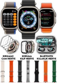 Resim SMARTEST Akıllı Saat Watch Ultra+49mm Bluetooth Kulaklık 7 Kordon Kasa Koruma Kırılmaz Cam Hediye Smartwatch 