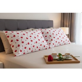 Resim Taç Sevgililer Günü Yastık Kılıfı Seti. 2 Adet 50x70 Cm. %100 Pamuk Beyaz - Kırmızı 