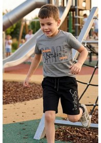 Resim Koçak Kids Brage Striker Yazı Desenli Erkek Çocuk Şortlu Takım Gri 