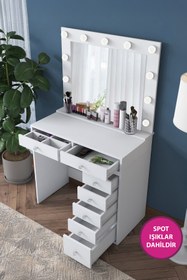 Resim Rani Mobilya Rani Bj115 Hollywood Işıklı Aynalı Kulis Makyaj Masası 7 Çekmeceli Takı Düzenleyici Beyaz 