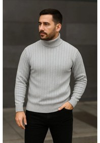 Resim Efnaz Style Erkek Fitilli Triko Kazak 3lü Set Gri Haki Siyah Regular Balıkcı Yaka Tam Boğazlı Triko Seti Modeli Kazak Çok Renkli 