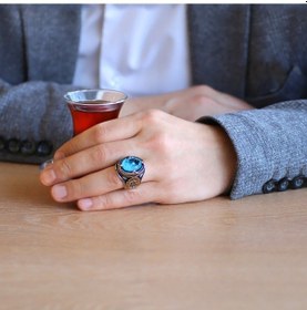 Resim Faset Kesim Aqua Paraiba Taşlı 925 Ayar Gümüş Erkek Yüzük (500124914) 
