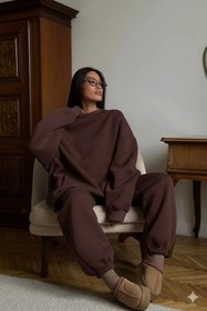Resim Kadın Double Oversize Eşofman Takımı Basic Kahverengi - Bisiklet Yaka, Lastikli Paça, 3 İplik Polar - XS / Kahverengi 