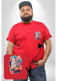 Resim Angemiel Çiçek Kedi Sulu Boya Kırmızı Büyük Beden Kadın Basic Minimal Baskılı Tişört Kırmızı 