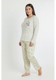 Resim Bravie Üstü Yatay Çizgili Altı Desenli Elite Viscose Uzun Büyük Beden Pijama Takımı Beyaz 3590 Beyaz 
