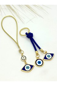 Resim Azrua Lacivert Göz Şekilli Araba Ayna Süsü, Araba Nazarlık ve Lacivert Göz Şekilli Metal Anahtarlık Seti 
