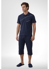 Resim Mecit Pijama Mecit 4007 Lacivert %100 Pamuk Büyük Beden Kapri Erkek Pijama Takımı 