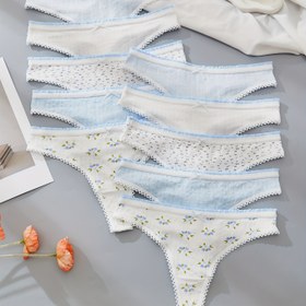 Resim 10 adet Kadın Sevimli Dantel Kenarlı Tanga, Düz Renk Çiçek Baskı Taze Her Gün Çok Yönlü İç Çamaşırı, Rahat Nefes Alabilen Teri Emici Vücut Kucaklayan Seksi Düşük Bel Külot, Şık Mavi ve Beyaz Renkli Kurdele Süslemeli, Tatil Doğum Günü Sevgililer Günü Hediyesi 