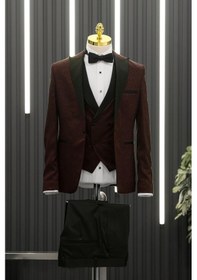 Resim Slimfit Skinny Kesim Şal Desenli Sivri Sabit Yaka Yelekli Papyonlu Smokin Takım Elbise 001 