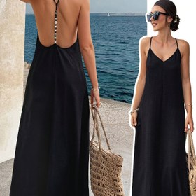 Resim Kadınların Zarif Strapless Siyah Maxi Elbisesi ile Anahtar Deliği Arka - Bahar/Yaz/Sonbahar için Mükemmel, Plaj Temalı Tasarım, Uzun Akışkan Elbise|Anahtar Deliği Arka Detayı|Strapless Tasarım 