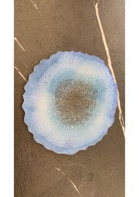 Resim Deniz Mavi Tonlu Siyah Sim Dalgalı Yuvarlak Epoksi Bardak Altlığı Mavi 