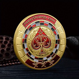 Resim Replika Poker Strateji Anma Madalyası - Maça As Tasarımlı Altın & Kırmızı Metal Koleksiyonluk, Poker Tutkunlarına Hediye, Poker Geceleri ve Kart Oyunu Etkinlikleri için Çağdaş Yuvarlak Şekil 