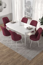 Resim Canisa Concept Kor Serisi, 70x114 Açılabilir Beyaz Yemek Masası Takımı,6 Bordo Sandalye 
