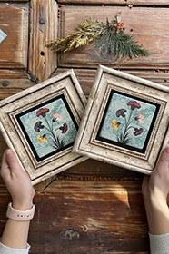 Resim Oscar Stone Decor Çerçeveli Taş Duvar Dekoru Tablo 20x20cm 2'li Set Ebruli Çiçek 