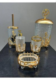 Resim Çiçekli Şeffaf Yuvarlak Banyo Set Gold 